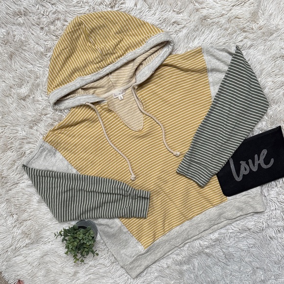 Hem & Thread Tops - 🎉HP🎉 Hem & Thread Striped Terry Hoodie 💗 Mustard Sage Green & Gray